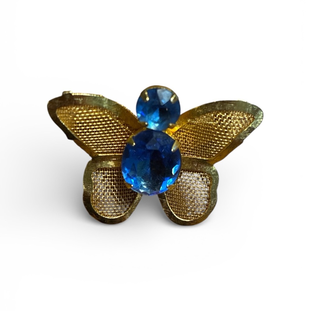 Gold Tone Blue Crystal Butterfly Brooch